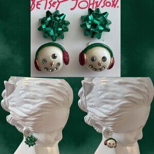 Betsey Johnson Holiday Snowman Wearing Earmuffs & Green Gift Bow Stud Earrings